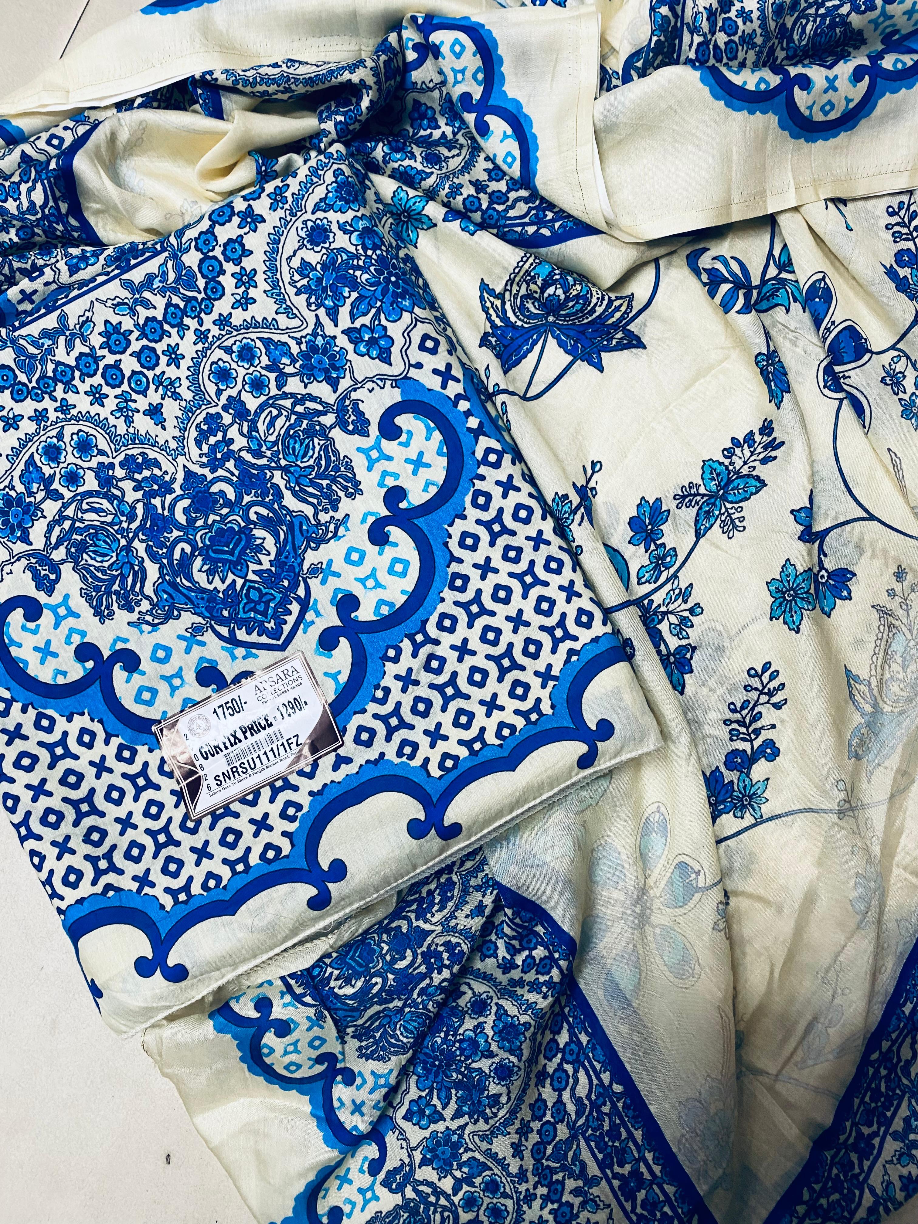 Blue floral suit fabric close-up