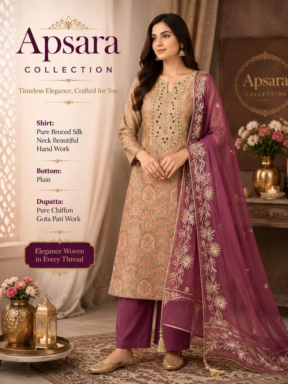 Brocade silk suit with plum dupatta