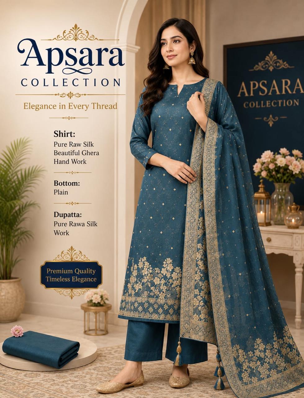 Teal blue raw silk handwork suit
